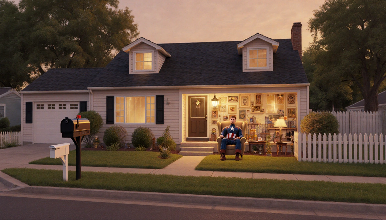 Captain America sitting in armchair with nostalgic trinkets and 1950s suburban home.