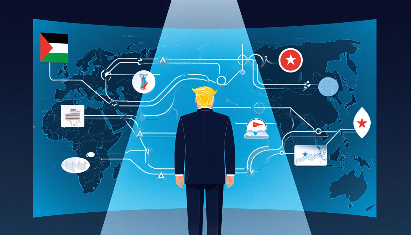 Trump standing beside a roadmap display with maps of Gaza and Arab states showing the 20-point plan