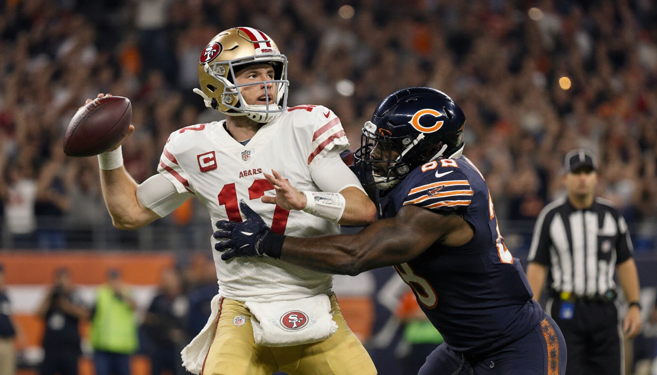 49ers star player tackles ball carrier with Bears defensive lineman nearby under golden stadium lights and cheering fans.