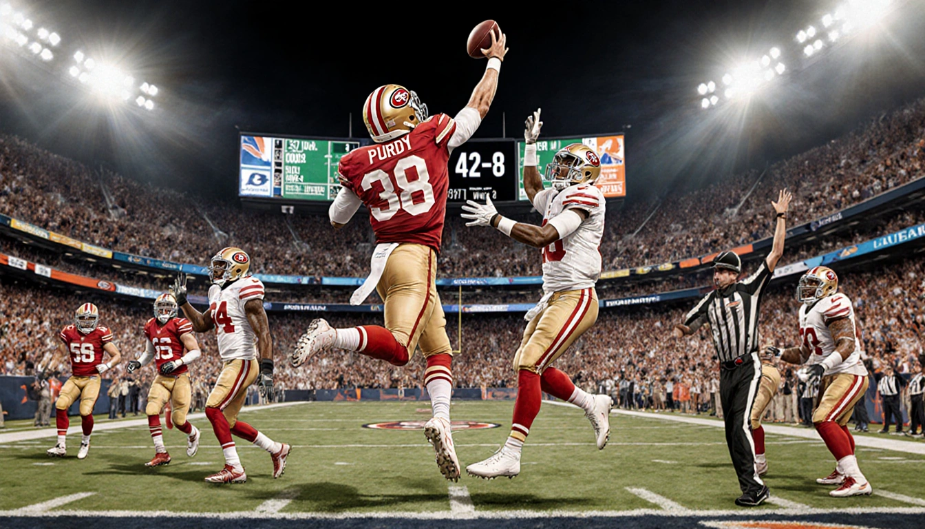 Brock Purdy throws a 38-yard touchdown pass to Jauan Jennings with 49ers stadium lights blazing and scoreboard reading 42-38