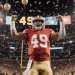 Brock Purdy celebrates a touchdown with arms raised and confetti swirling around him near a glowing 49ers scoreboard
