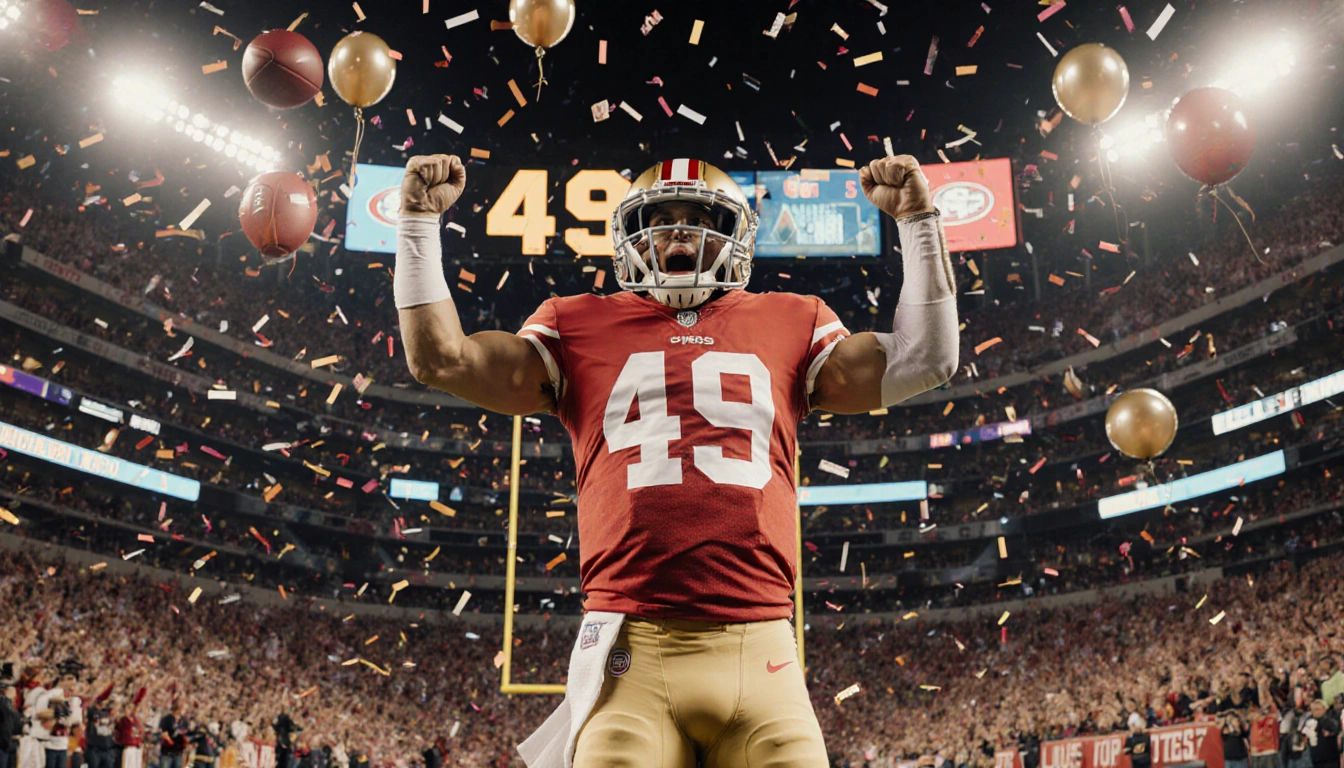 Brock Purdy celebrates a touchdown with arms raised and confetti swirling around him near a glowing 49ers scoreboard