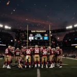 49ers football players celebrating on a dusk stadium field with confetti and a scoreboard showing 42-38