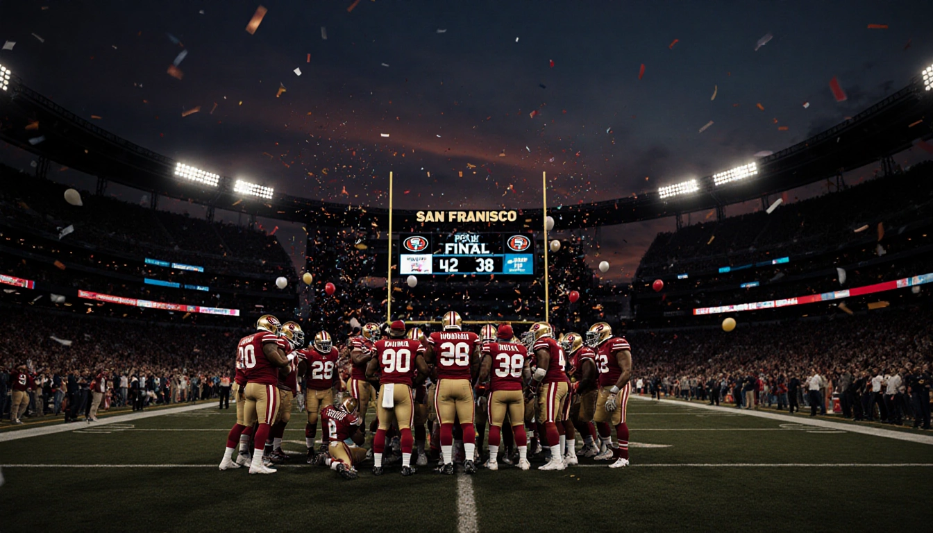 49ers football players celebrating on a dusk stadium field with confetti and a scoreboard showing 42-38
