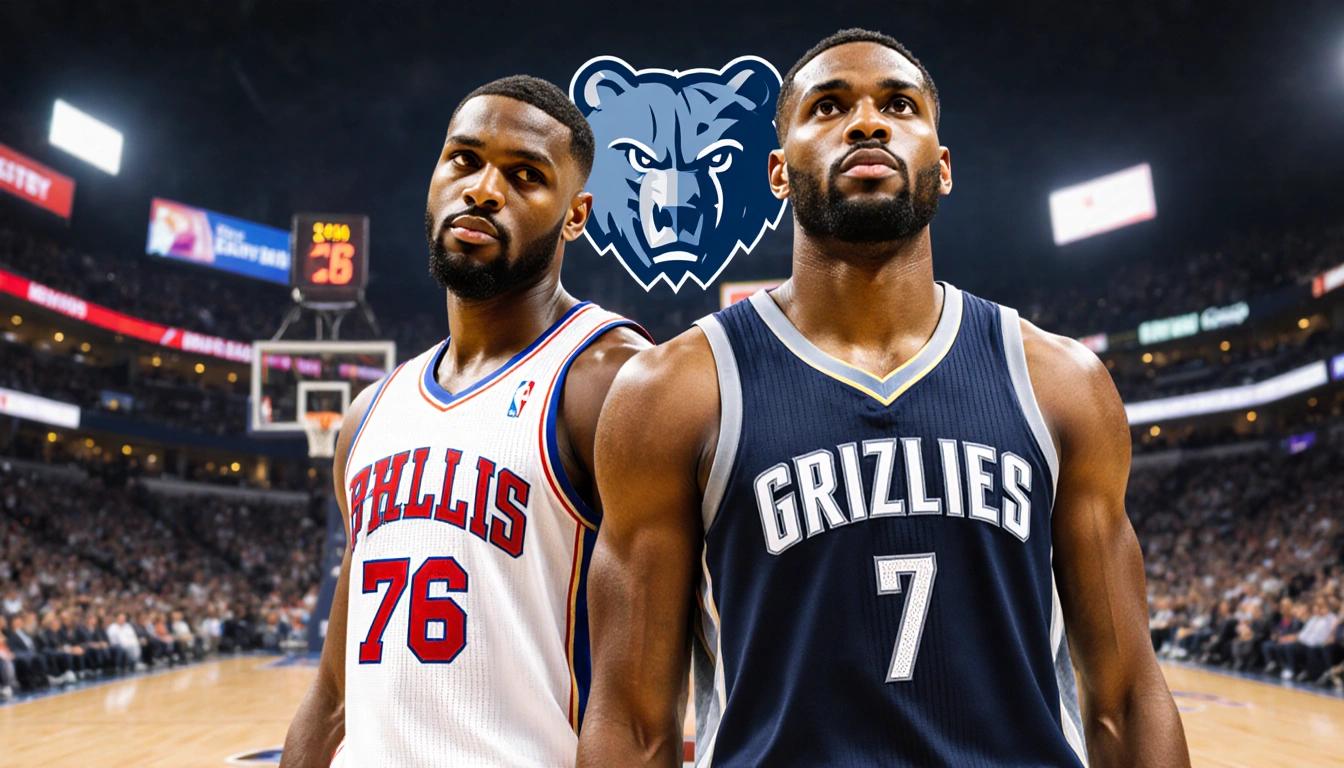 Basketball players stand back-to-back at court with 76ers jersey and Grizzlies navy blue attire and city lights.