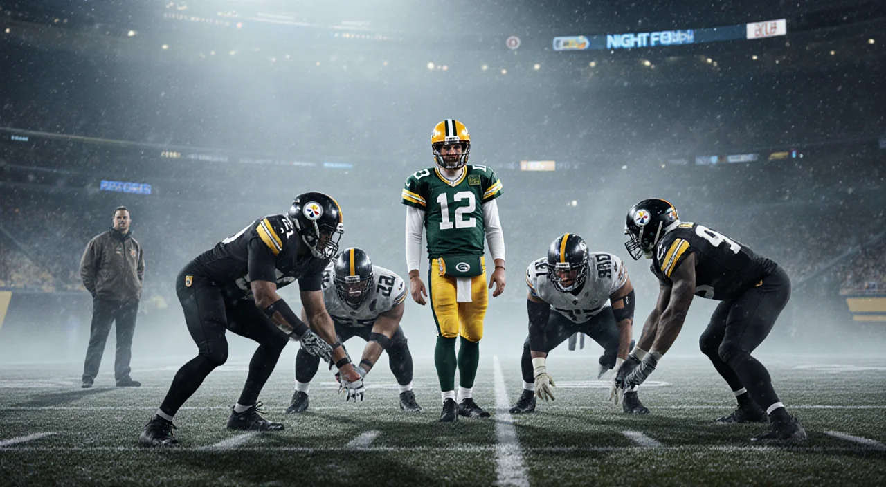 Aaron Rodgers standing in a huddle with teammates DK Metcalf and Adam Thielen on a cold Monday Night Football field