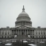 Abandoned Capitol Building standing alone with misty columns and a lone flag waving in the wind.