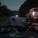 Crumpled e‑bike lies abandoned on Route 73 with scattered leaves and shattered glass and a distant SUV reflected in light.
