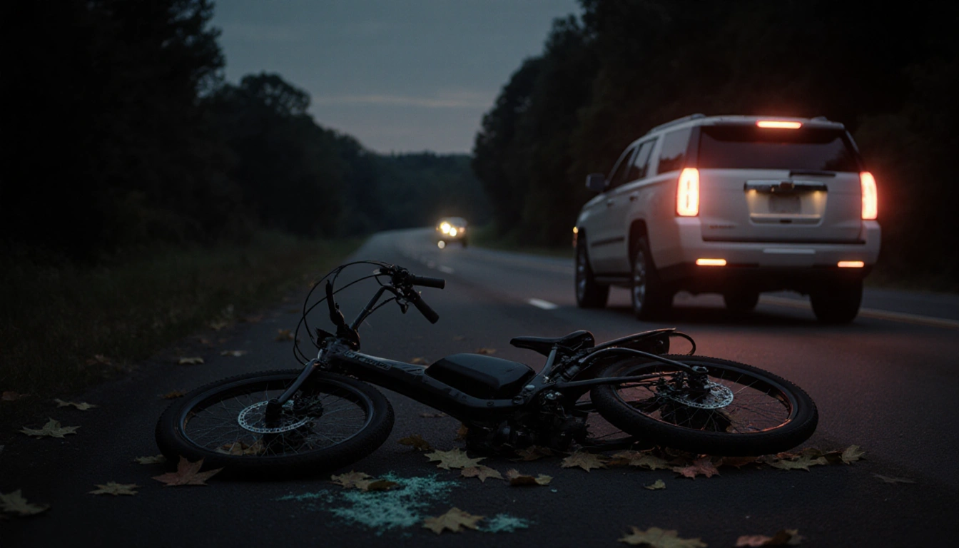 Crumpled e‑bike lies abandoned on Route 73 with scattered leaves and shattered glass and a distant SUV reflected in light.