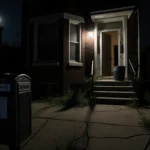 Open front door of abandoned house with moonlit glow revealing dark mystery beyond