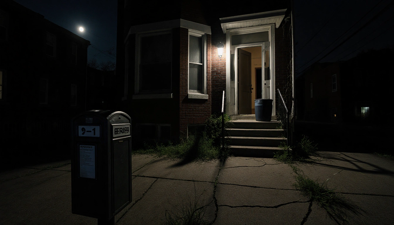 Open front door of abandoned house with moonlit glow revealing dark mystery beyond