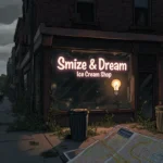 Shop sign flickering over abandoned storefront with trash cans and overgrown plants under a gray sky