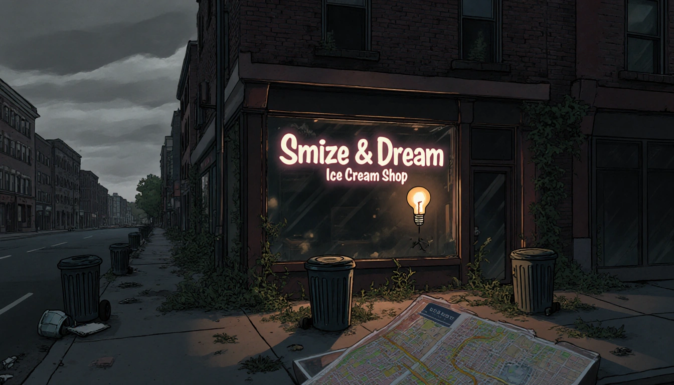 Shop sign flickering over abandoned storefront with trash cans and overgrown plants under a gray sky