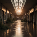 Abandoned mall corridor glows with warm sunlight through broken windows and overgrown vines on wet pavement.