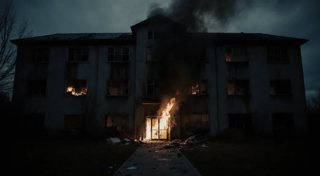Abandoned rehab center blazing with fire and broken glass near entrance