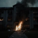 Abandoned rehab center blazing with fire and broken glass near entrance