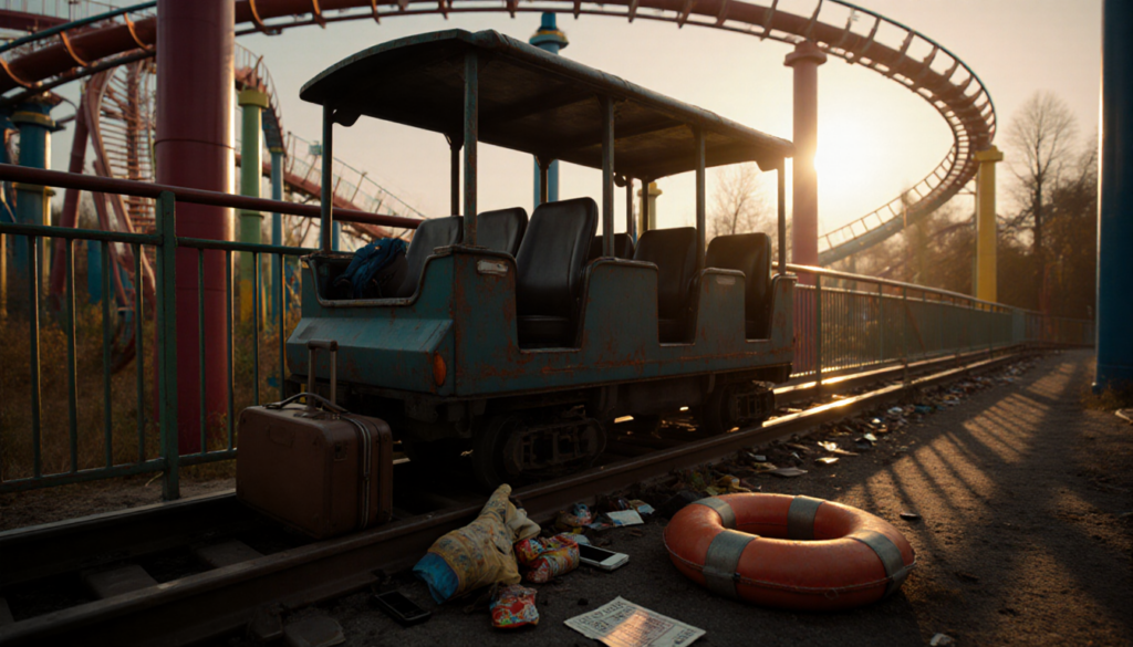 A still roller coaster car sits abandoned on the track with scattered belongings near.