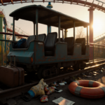 A still roller coaster car sits abandoned on the track with scattered belongings near.