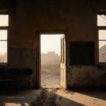 Abandoned school hall with a single open door inviting exploration.