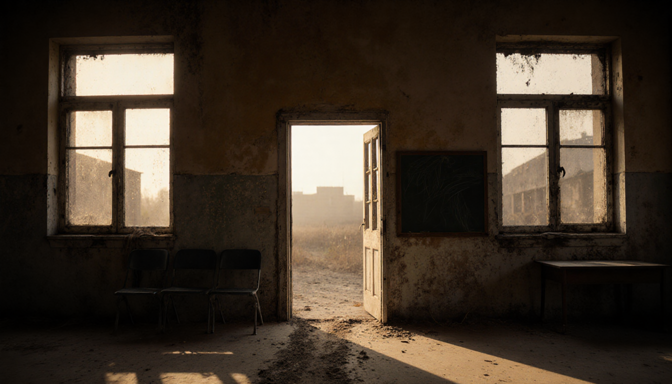 Abandoned school hall with a single open door inviting exploration.