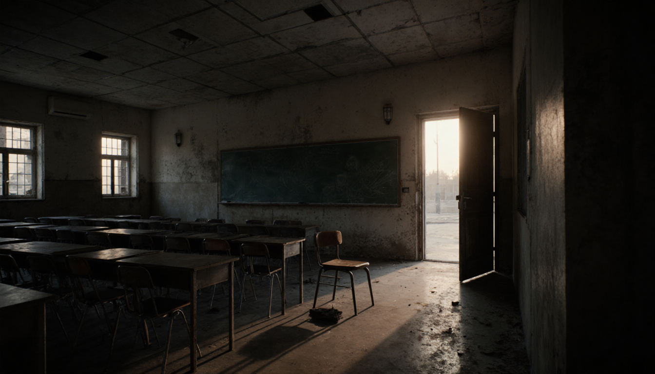 Abandoned school hall with a single open door inviting exploration with scattered chairs and forgotten chalkboard in foregrou