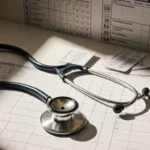 Faded stethoscope lying on sterile chart with scattered vaccination cards and a grid of hepatitis B schedule showing lost tru