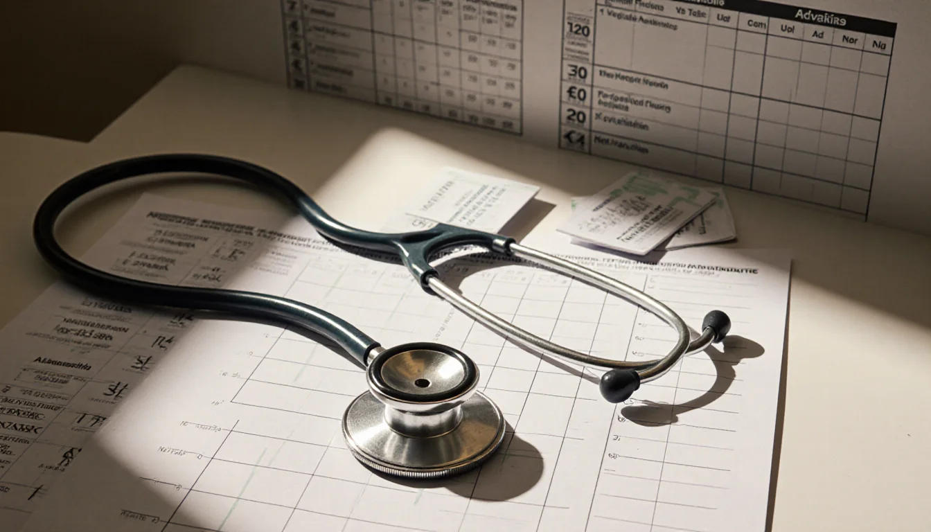 Faded stethoscope lying on sterile chart with scattered vaccination cards and a grid of hepatitis B schedule showing lost tru