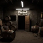Abandoned stillhouse standing empty with wooden barrels stacked and a rusty bourbon barrel ajar