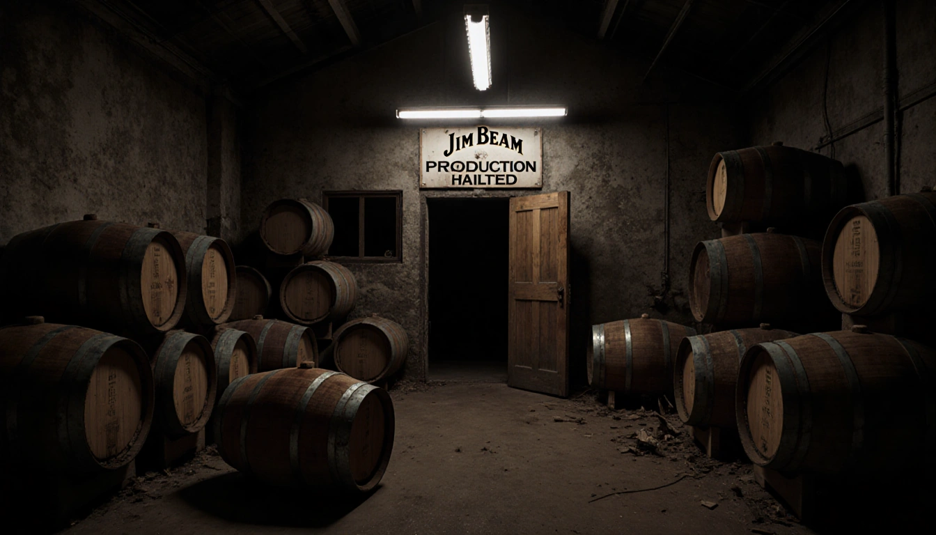 Abandoned stillhouse standing empty with wooden barrels stacked and a rusty bourbon barrel ajar