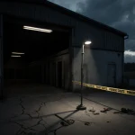 Security light flickering over cracked concrete in abandoned storage with police tape