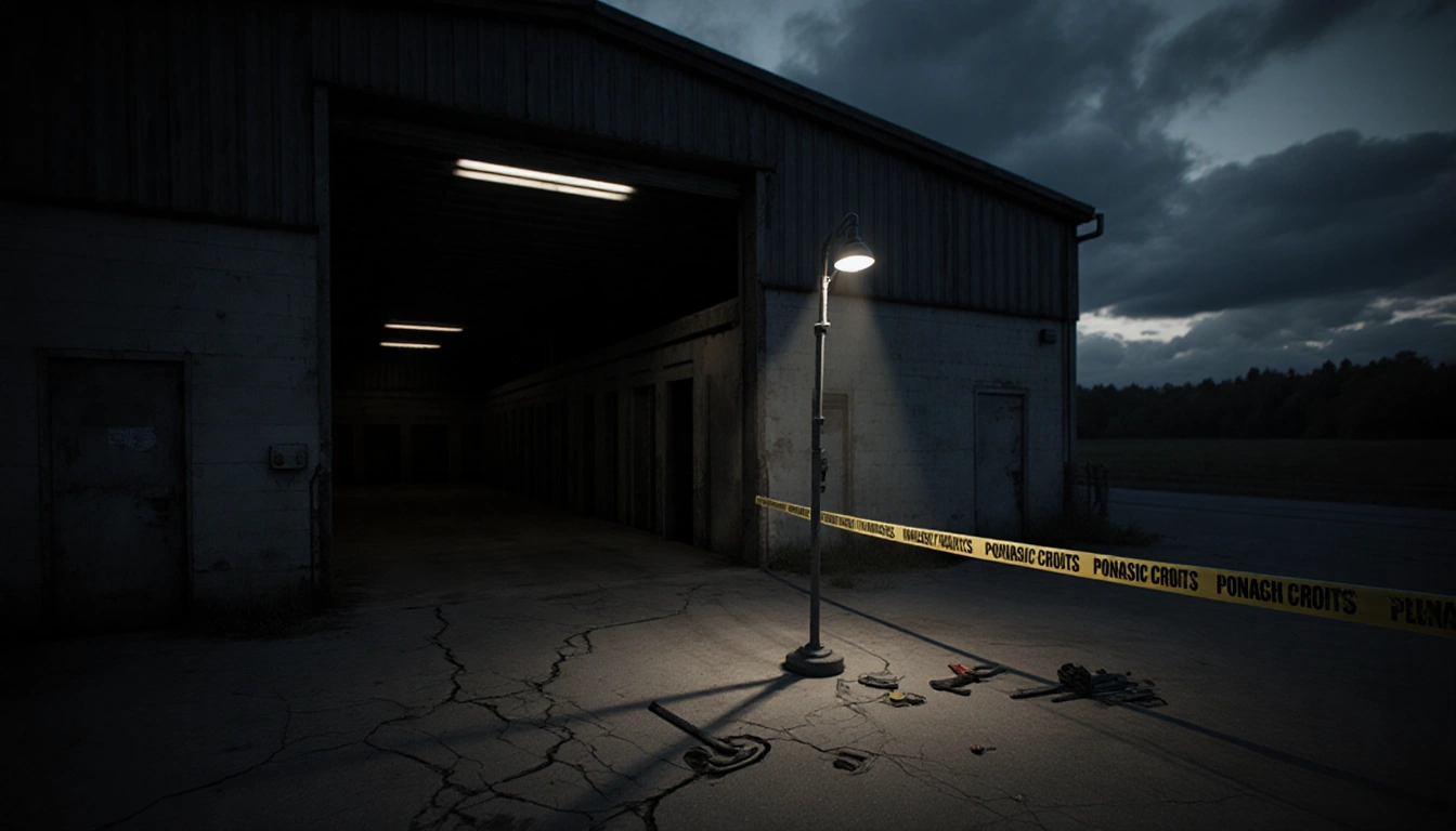 Security light flickering over cracked concrete in abandoned storage with police tape