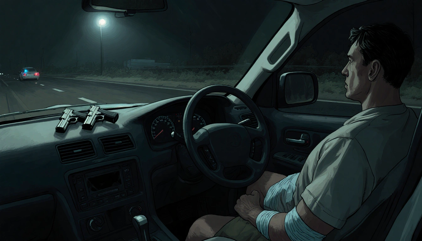 Abandoned SUV sits on dimly lit road with handguns on dashboard and injured driver in seat