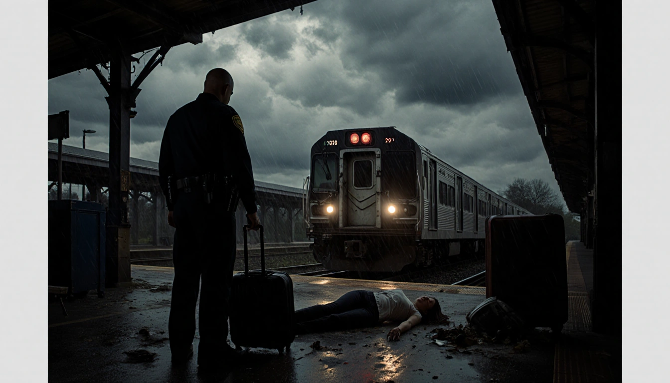 Police officer standing beside a fallen suitcase looking down at a lifeless woman with train station platform