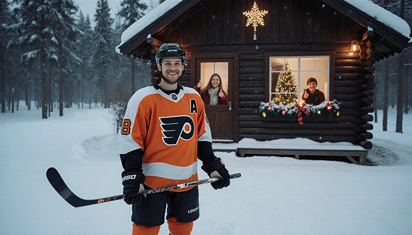 Abols holding a hockey stick with a smile before a snowy cabin with Christmas lights Paula and Aleksi grin window behind him.