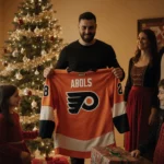 Rodrigo Abols holds a Philadelphia Flyers jersey with his family in Latvian attire and a twinkling Christmas tree behind.