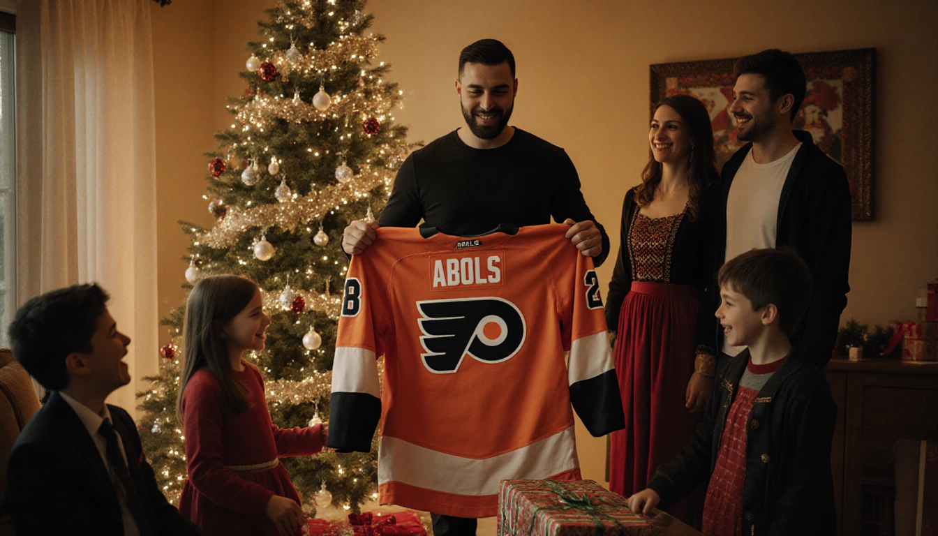 Rodrigo Abols holds a Philadelphia Flyers jersey with his family in Latvian attire and a twinkling Christmas tree behind.
