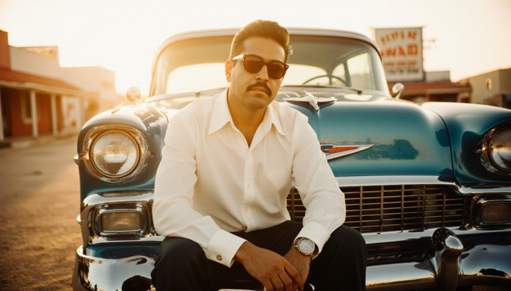 Abraham Quintanilla Jr. sits beside a 1950s Chevrolet Bel Air wearing sunglasses and light and blurred Texas town background