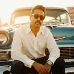 Abraham Quintanilla Jr. sits beside a 1950s Chevrolet Bel Air wearing sunglasses and light and blurred Texas town background