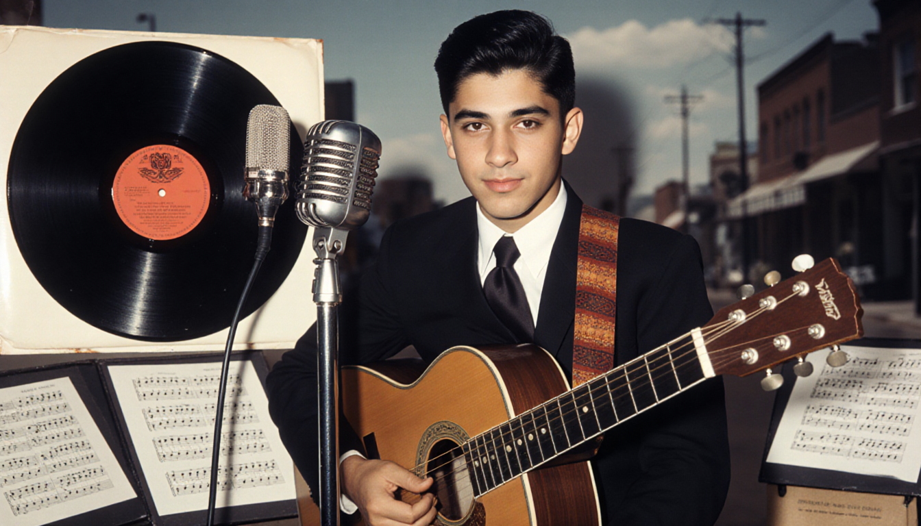 Abraham Quintanilla standing with mic and guitar on shoulder near vinyl records displaying Los Dinos roots in Texas