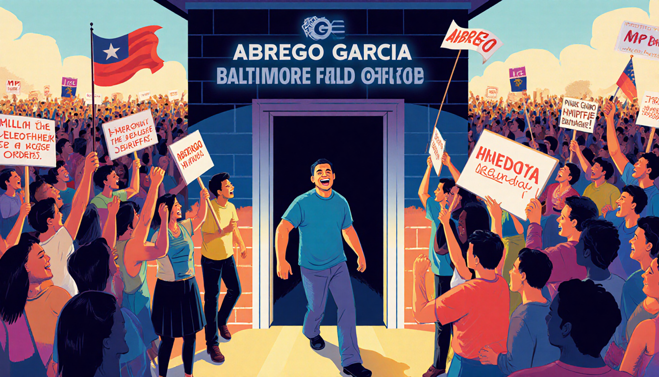 Abrego Garcia walking out of ICE Baltimore building with cheering supporters holding signs and banners in celebration