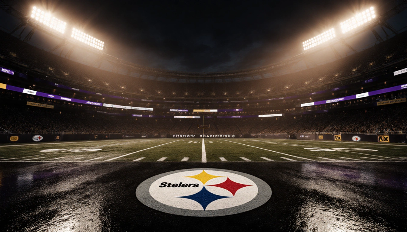 Stadium lights shine on wet pavement with Ravens and Steelers logos glowing in warm autumnal tones