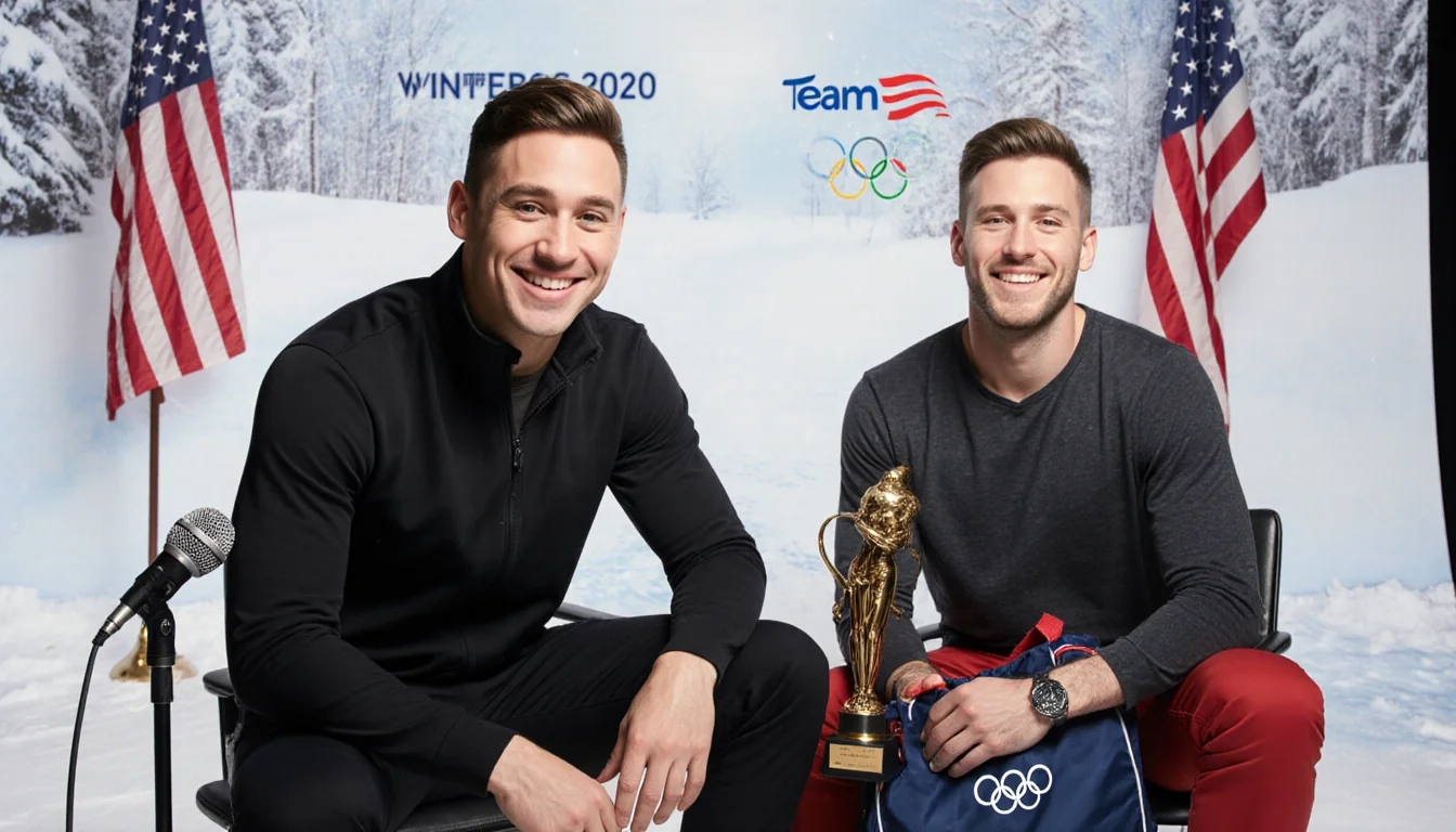 Adam Rippon smiles while resting arm on microphone stand with Chase Cain nearby holding trophy against snow backdrop Team USA