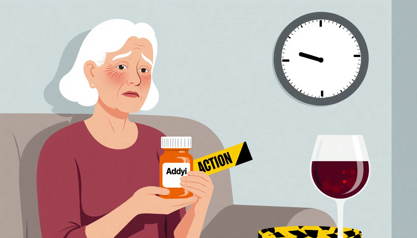 Woman in her fifties holding Addyi bottle looking worried with wine glass wrapped in caution tape and a clock nearby.