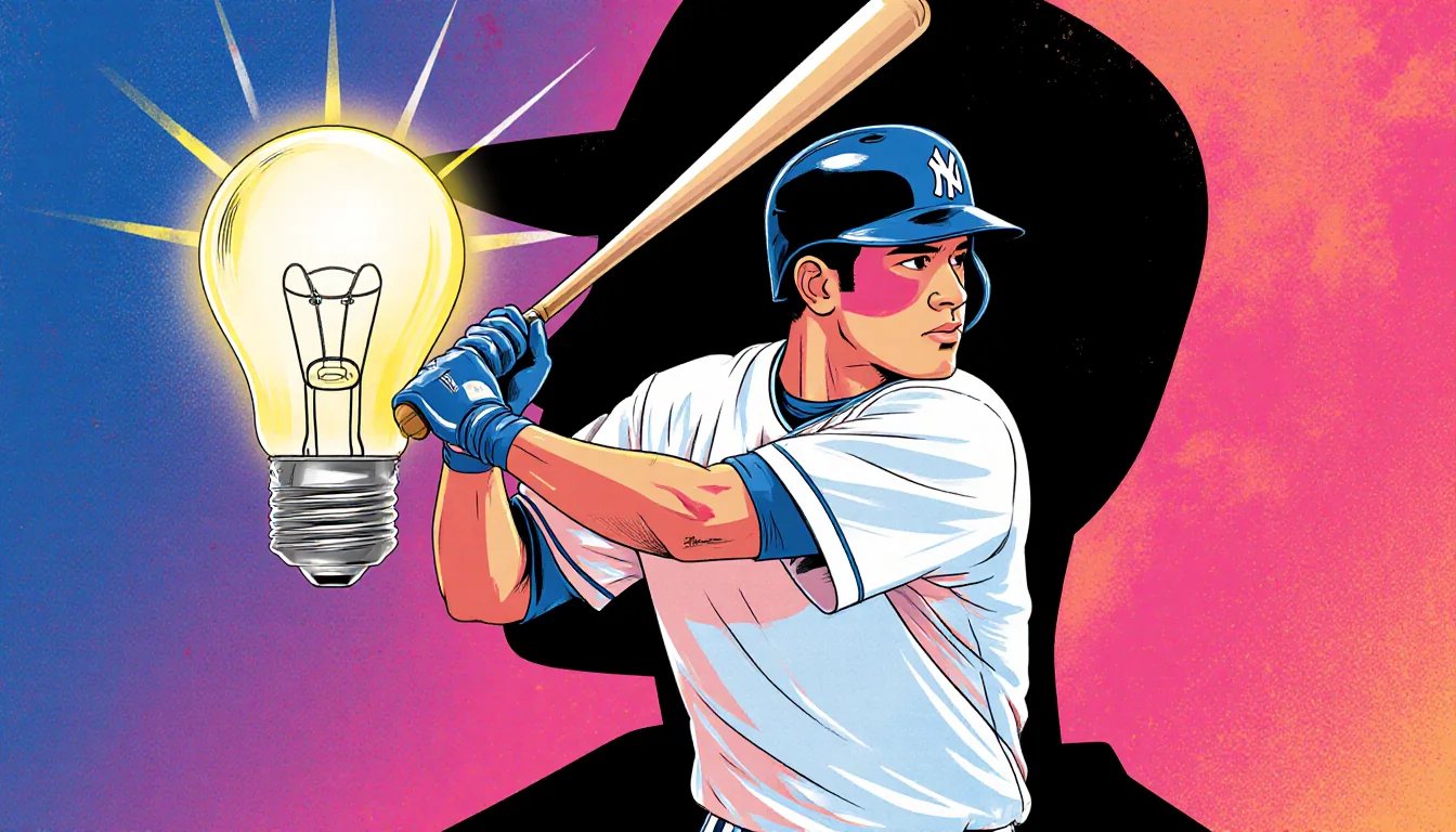 Adolis Garcia holding a baseball bat with a cartoon light bulb silhouette behind him exuding confidence in vibrant colors