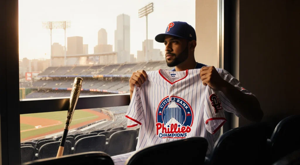Adolis García holds up his World Series‑winning jersey with Phillies backdrop and city skyline in golden light