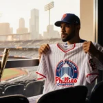 Adolis García holds up his World Series‑winning jersey with Phillies backdrop and city skyline in golden light