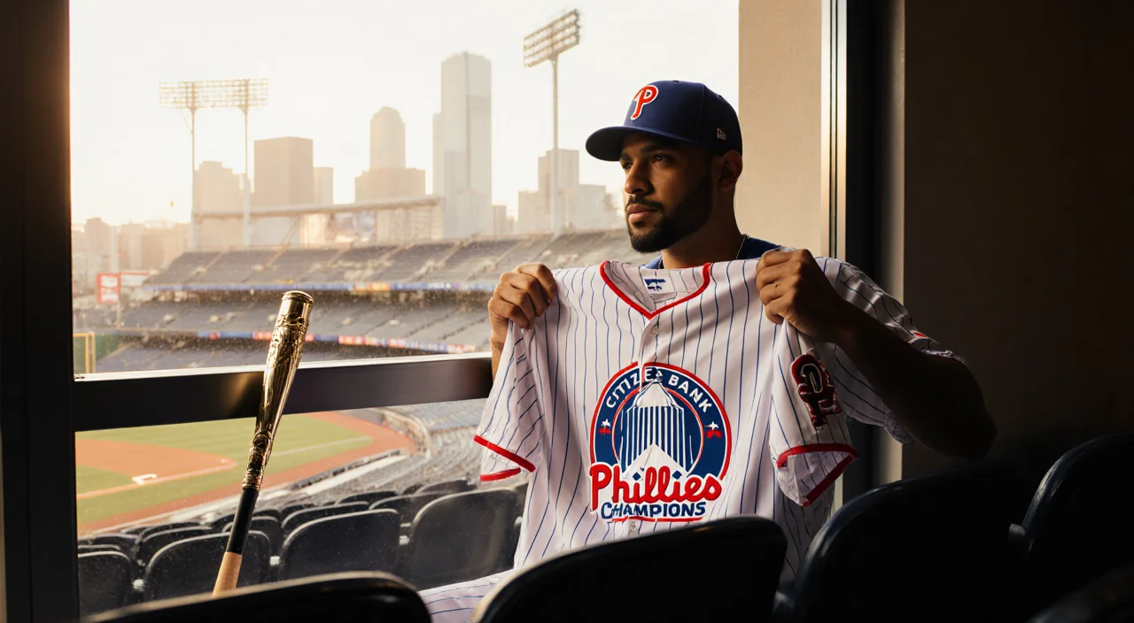Adolis García holds up his World Series‑winning jersey with Phillies backdrop and city skyline in golden light