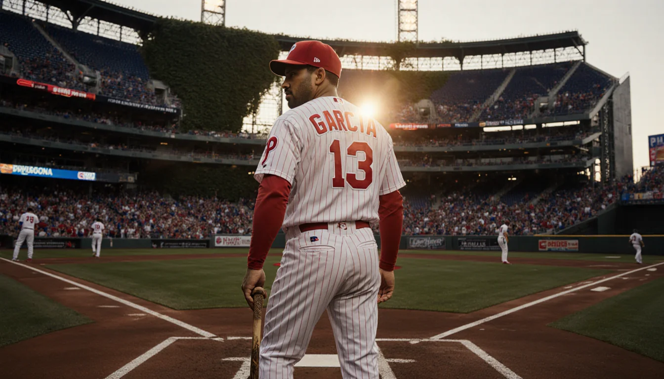 Adolis García standing at home plate with a worn bat on his leg and a glowing Phillies stadium behind him