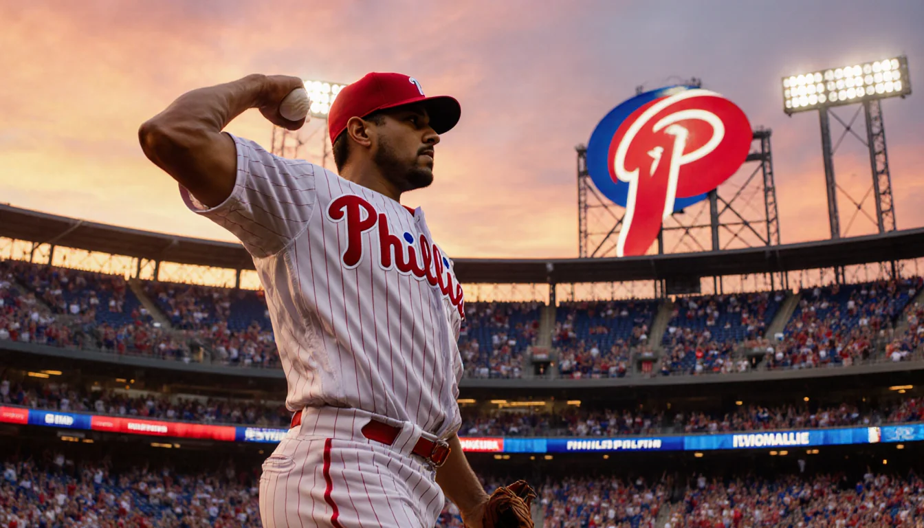 Adolis Garcia throws fastball with sunset glow and Phillies logo in stadium