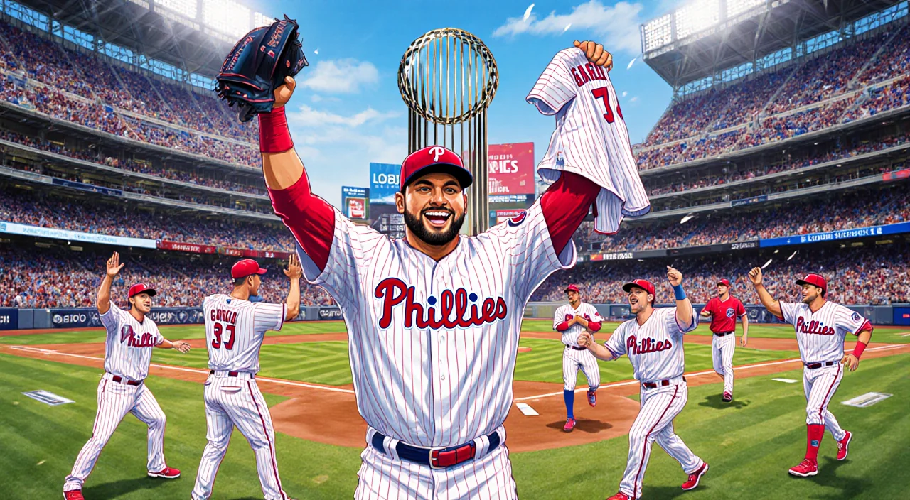Adolis García raises his jersey with teammates surrounding him and the World Series Phillies trophy on Globe Life Field